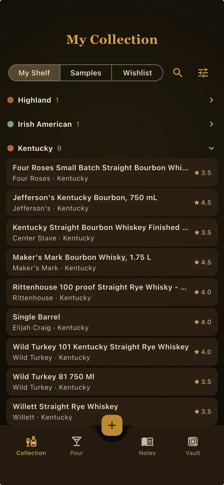 Whiskey Thief My Collection screen showing a shelf of whiskey bottles with ratings