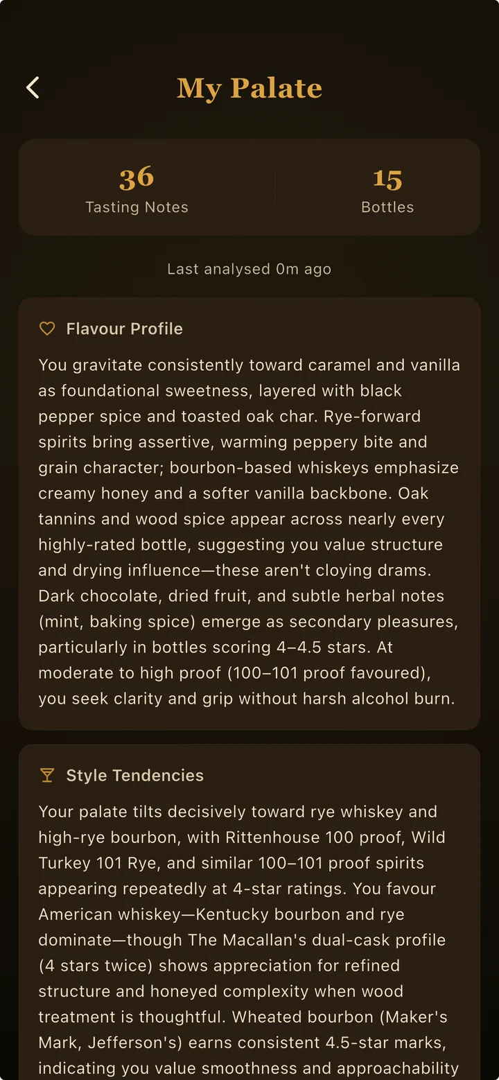 Whiskey Thief My Palate screen showing an AI flavor profile and style tendencies