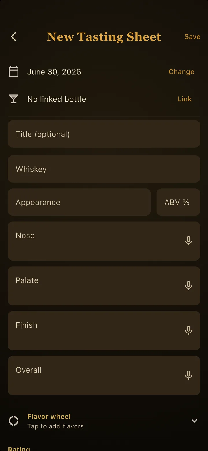 Whiskey Thief in-app tasting sheet with fields for nose, palate, and finish